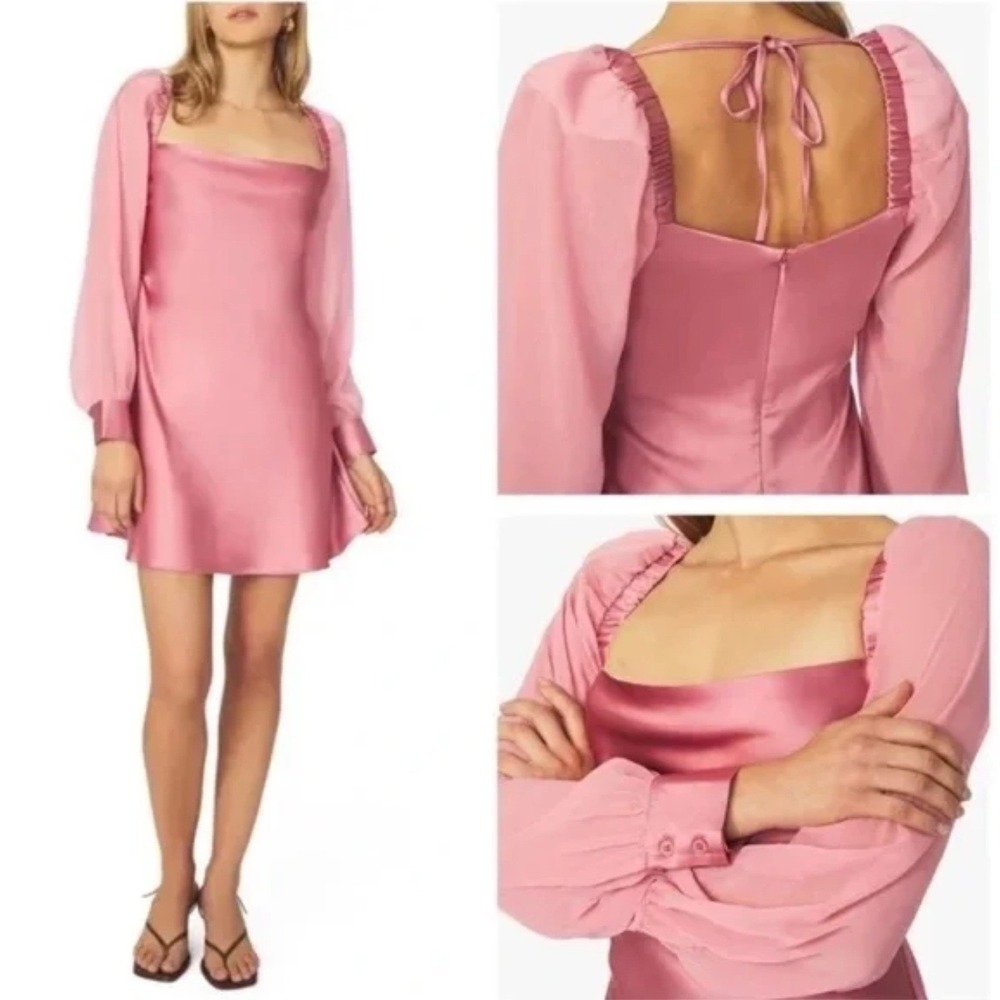 WeWoreWhat Pink Satin Mini Dress Sheer Balloon Sleeve Square Neck Size 10